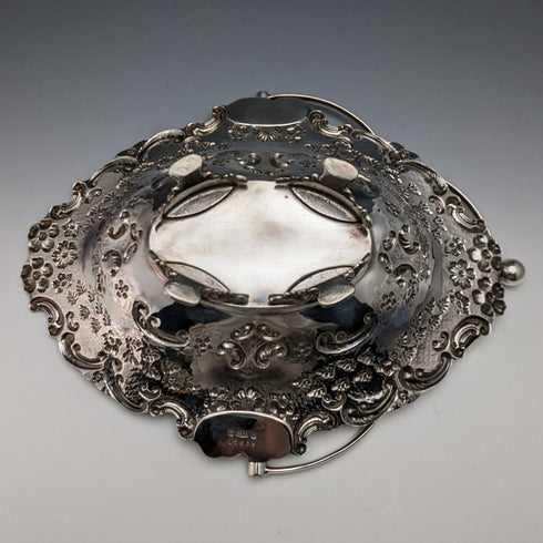 英国アンティーク シルバープレート製 大型バスケット 花彫刻 稼働ハンドル 548g